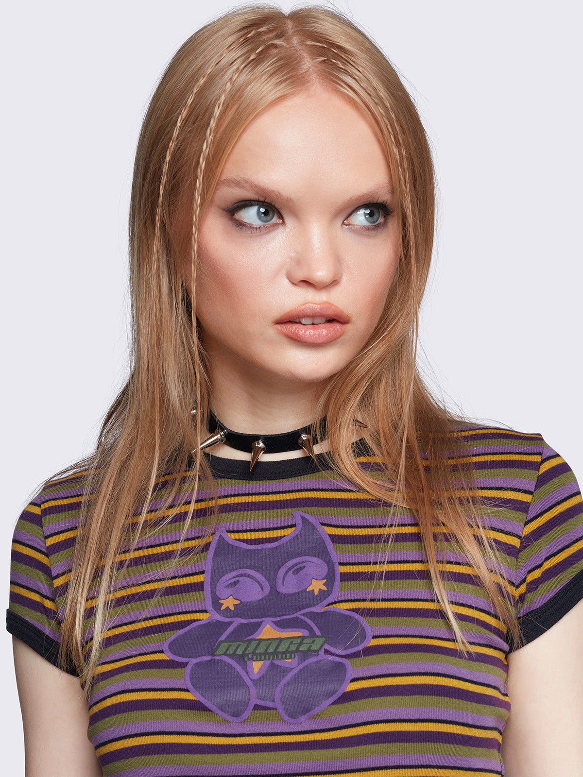 Ringer baby tee top with multicolored stripes and cartoon graphic print