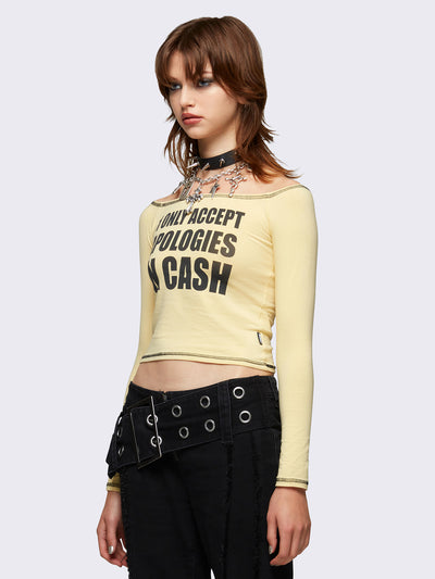 Yellow Off Shoulder Slogan Graphic Long Sleeve Top