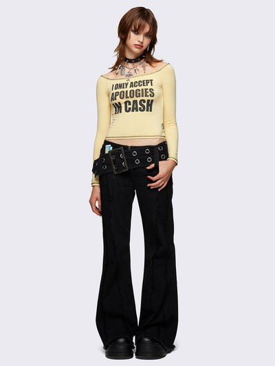 Yellow Off Shoulder Slogan Graphic Long Sleeve Top