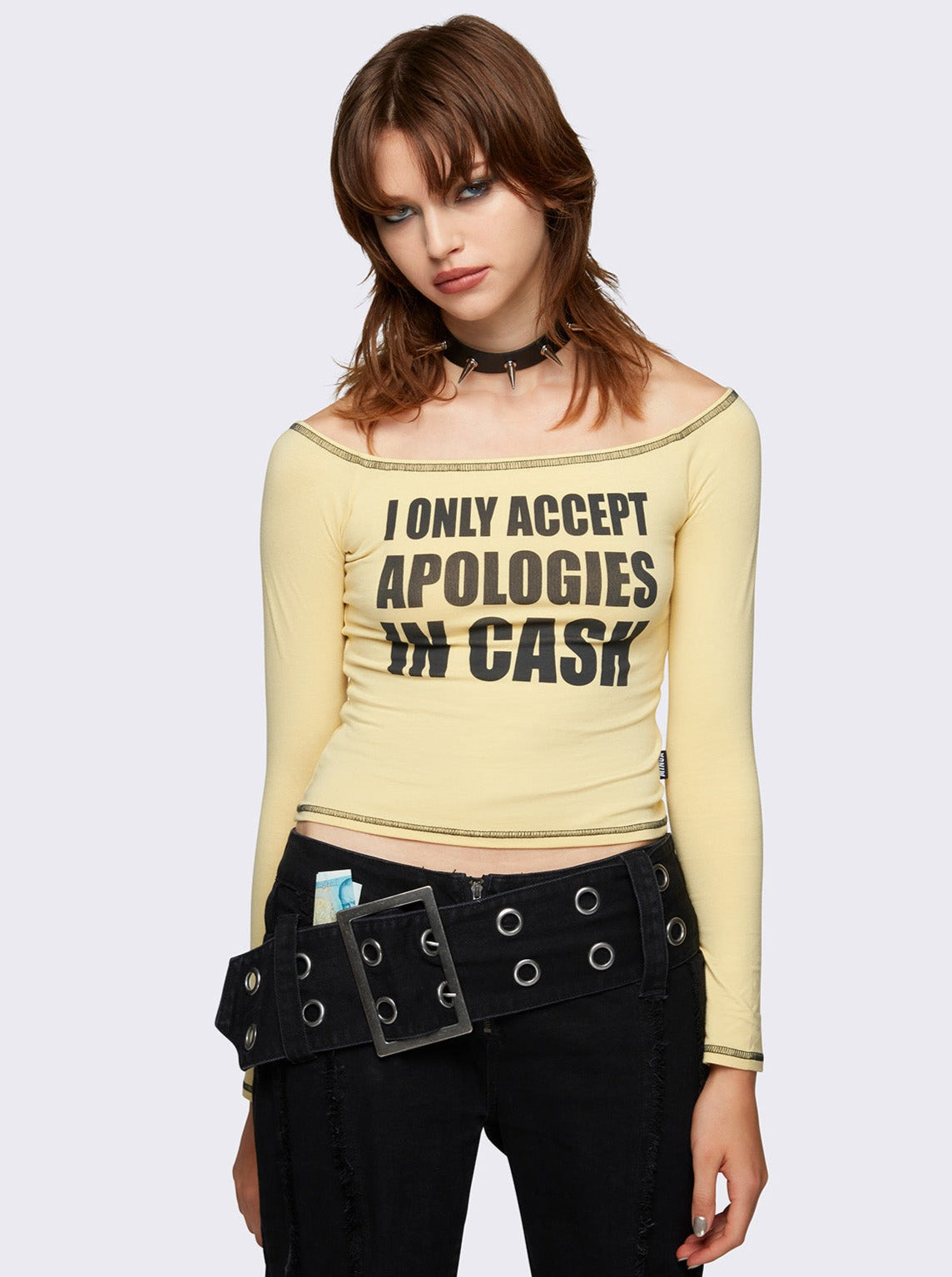 Yellow Off Shoulder Slogan Graphic Long Sleeve Top