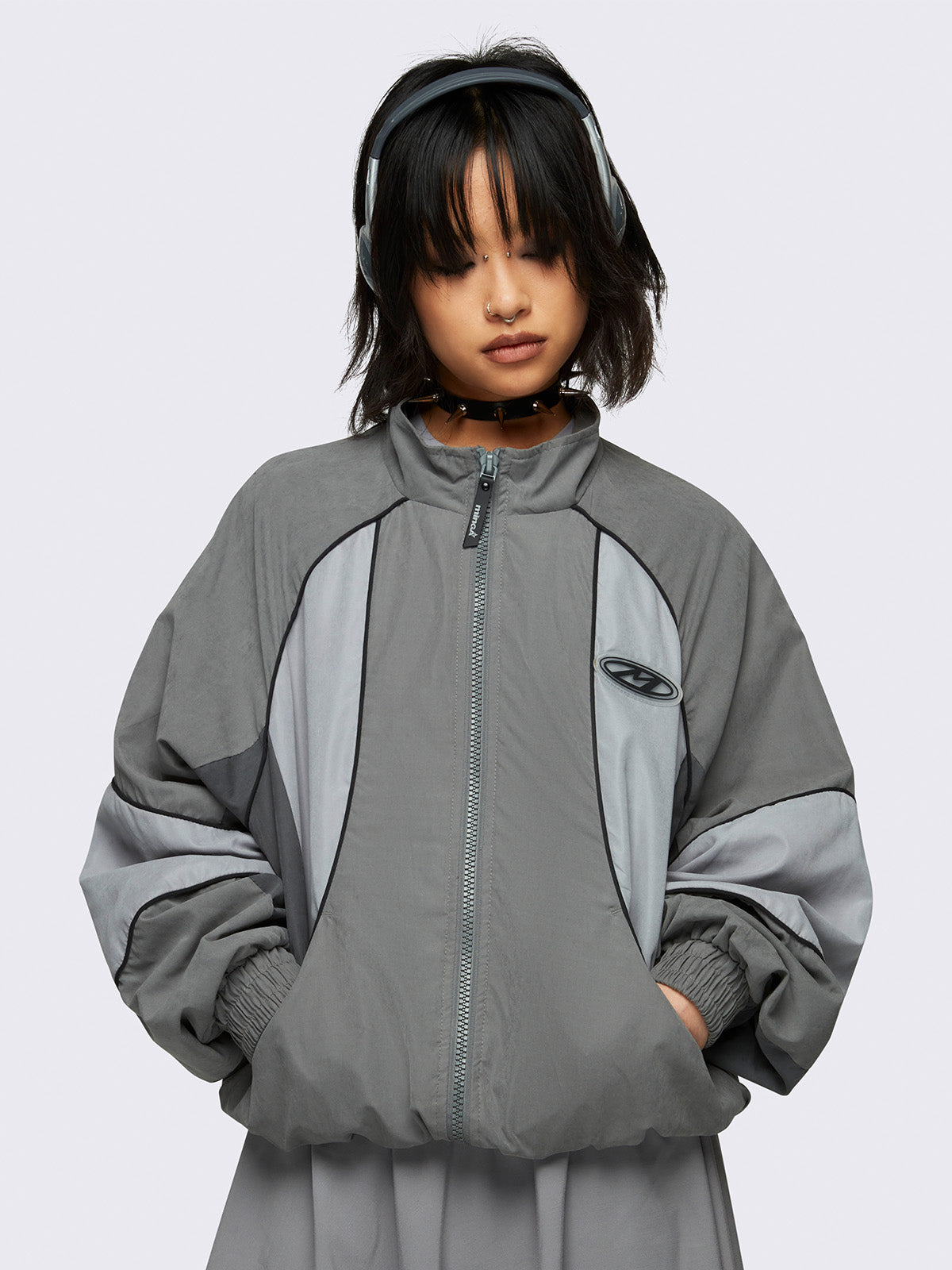 Colorblock boxy oversized windbreaker jacket in grey