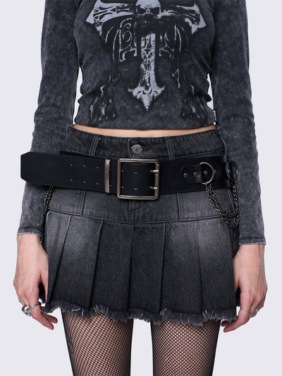 Vegan leather buckle belt in black with stud and chain details in silver-tone square buckle fastening.