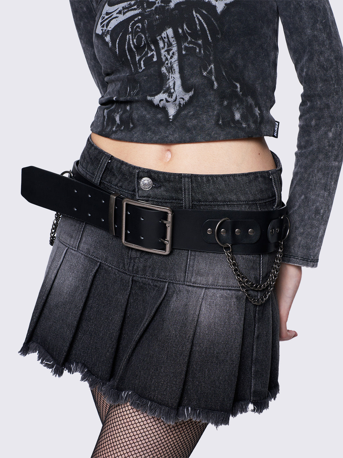 Vegan leather buckle belt in black with stud and chain details in silver-tone square buckle fastening.