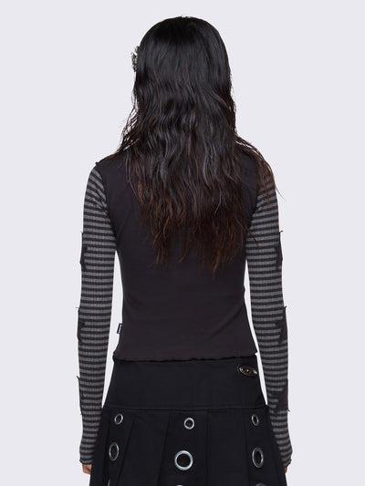 Black long-sleeve top with grey striped sleeves, a striped star patch on the front, and black stars on the sleeves. Features lettuce edge trims, reverse stitching, and a rounded neckline in a slim fit.