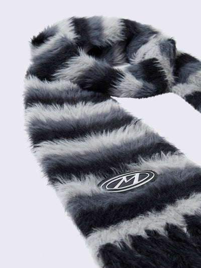 Striped tassel furry scarf in black and grey