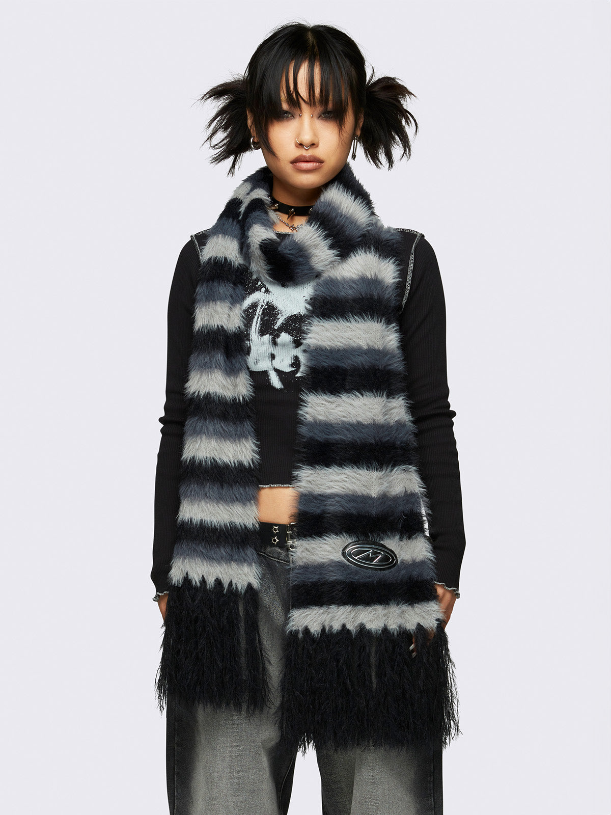 Striped tassel furry scarf in black and grey