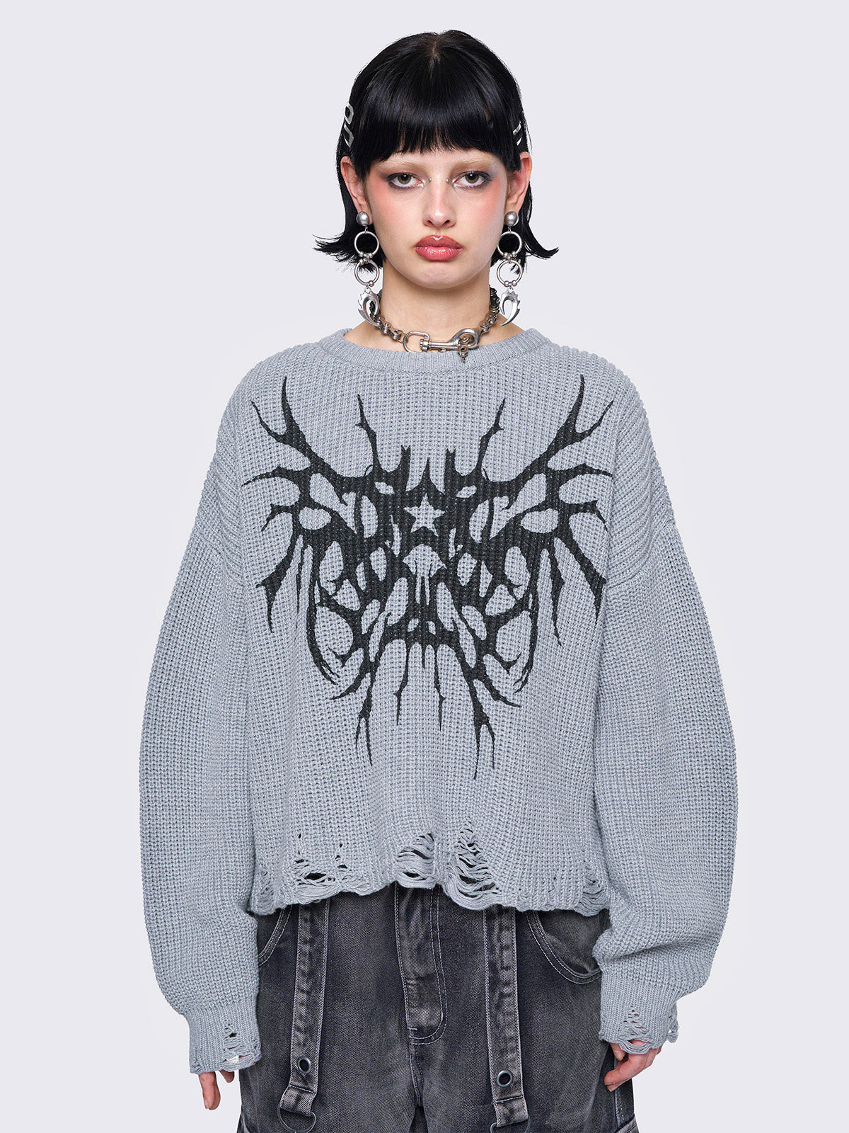 Knitted jumper in grey with grunge graphic front print and distressed details