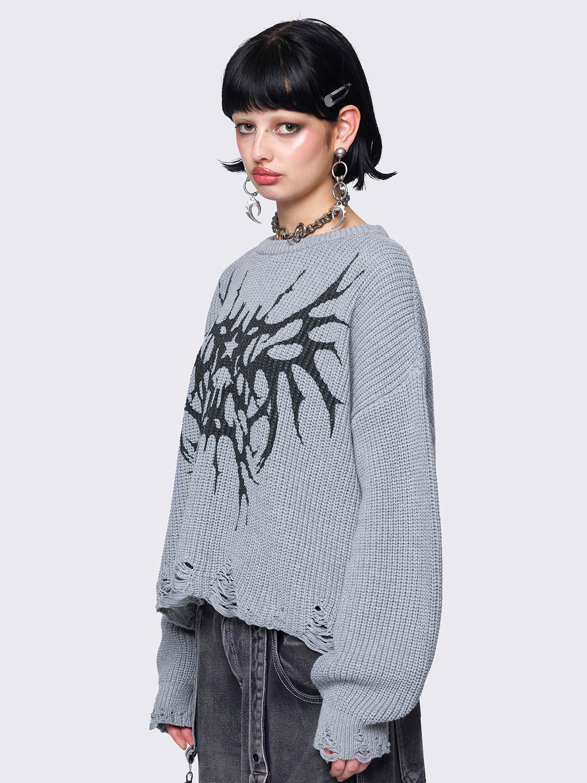 Knitted jumper in grey with grunge graphic front print and distressed details