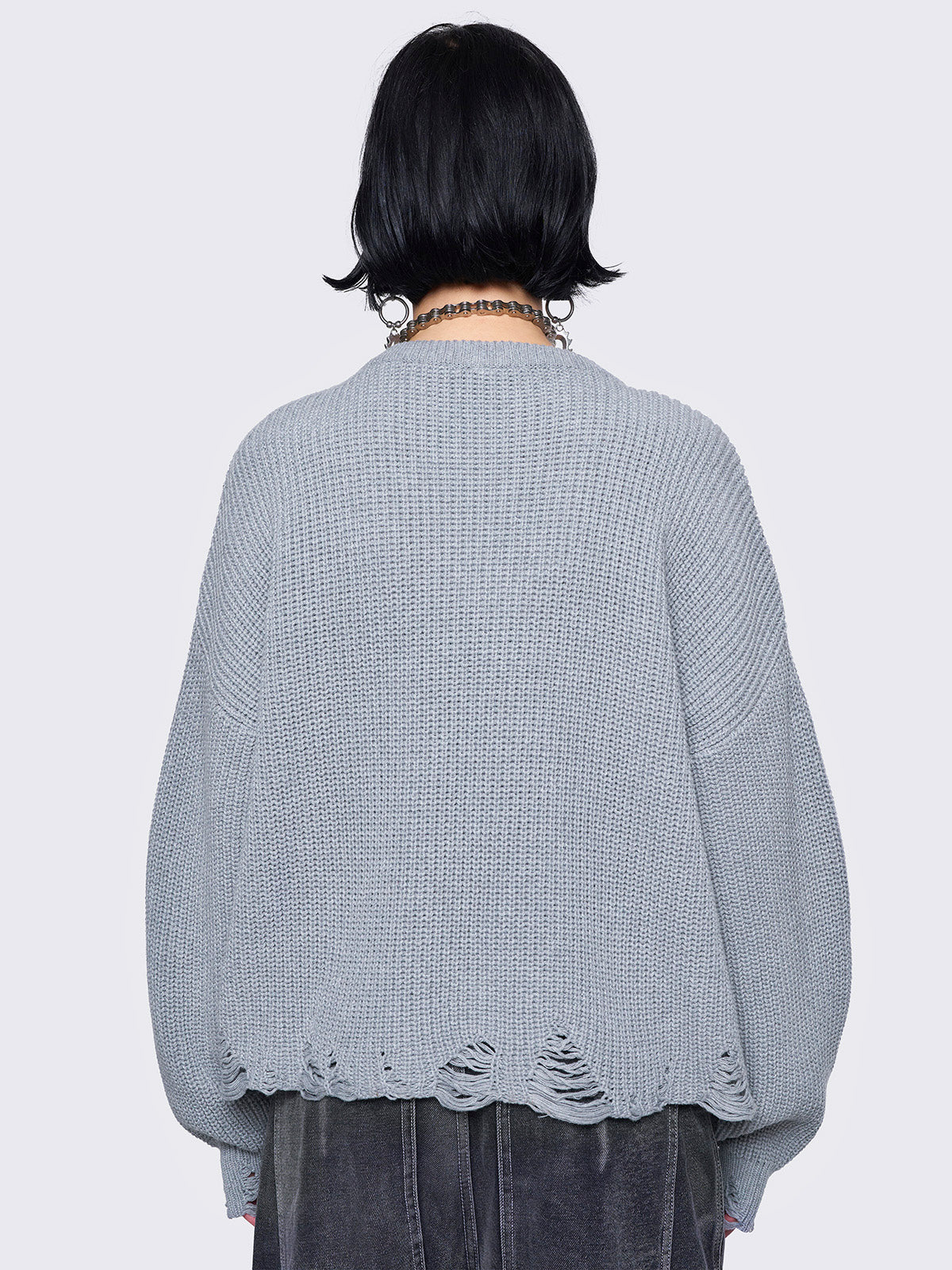 Knitted jumper in grey with grunge graphic front print and distressed details