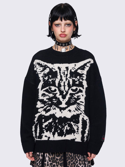 Black Oversized Cat Graphic Jumper