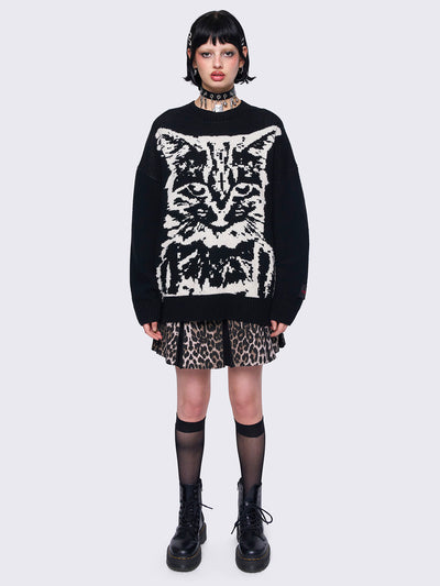 Black Oversized Cat Graphic Jumper