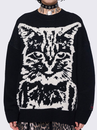 Black Oversized Cat Graphic Jumper