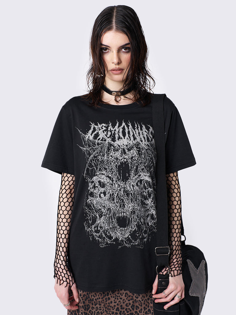 Black Oversized T-shirt with Dark Graphic Print - Grunge Acubi