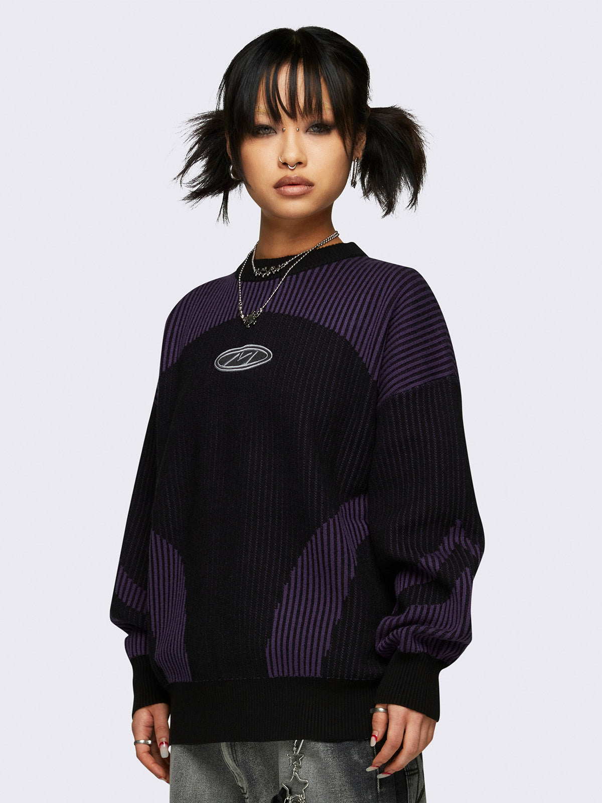 Colour block chunky knit jumper in purple and black