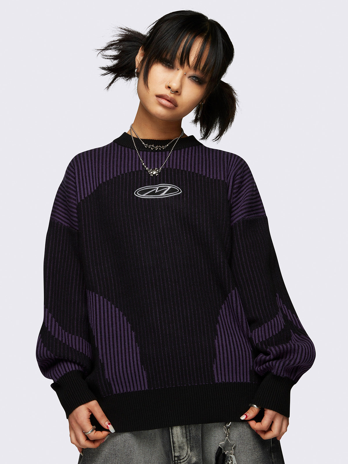 Colour block chunky knit jumper in purple and black