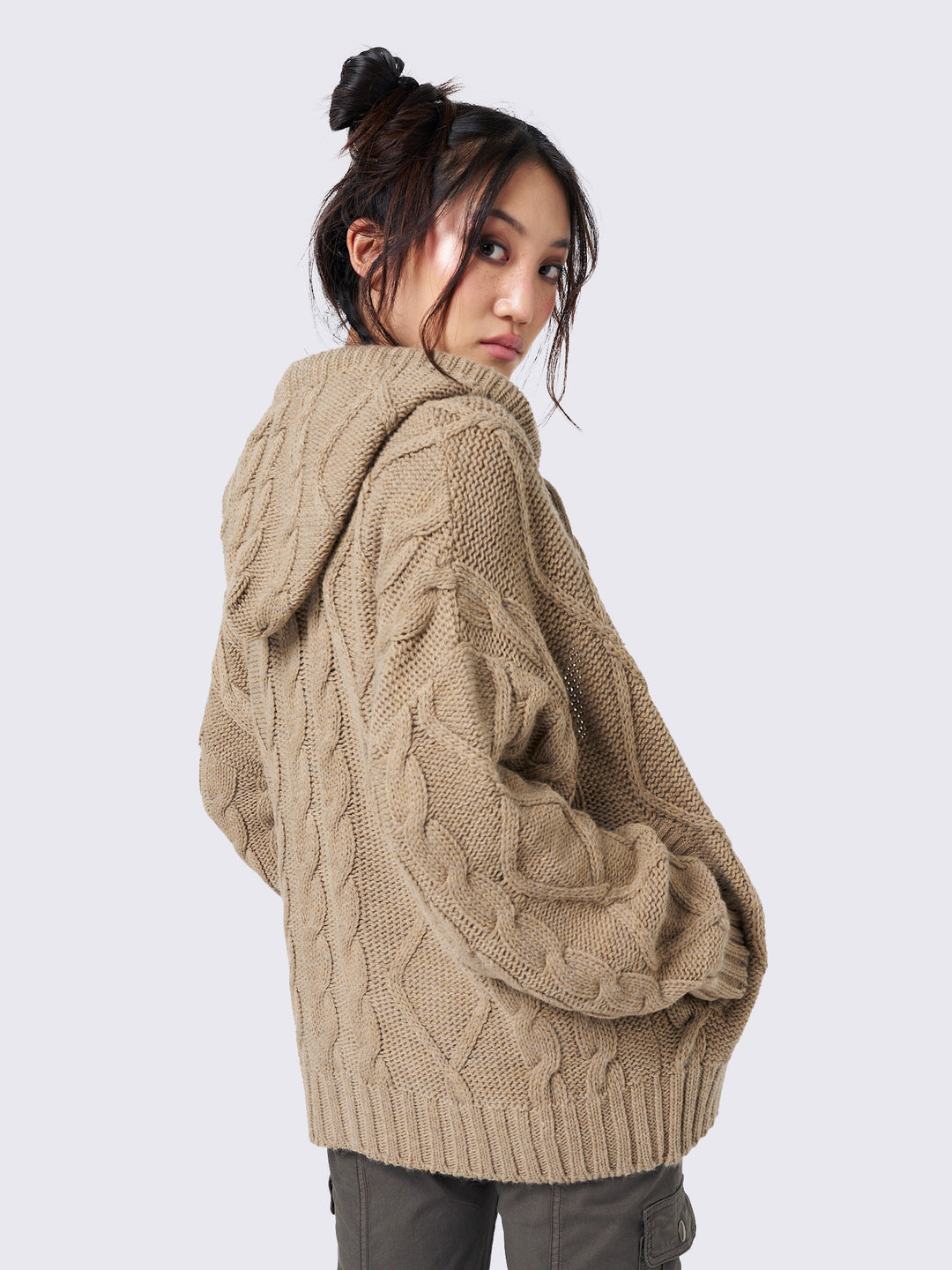 Oversized Brown Cable Knit Zip Up Hoodie Grunge Retro Minga London