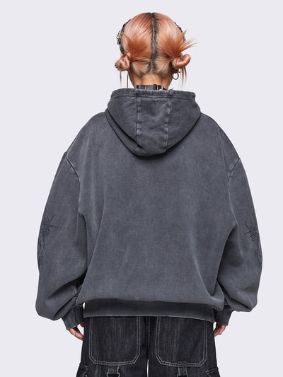 Grey wash oversized zip up hoodie with abstract print