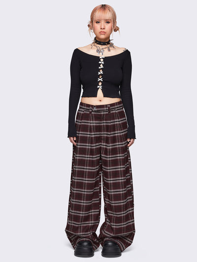 Baggy grandpa trousers in burgundy plaid check pattern