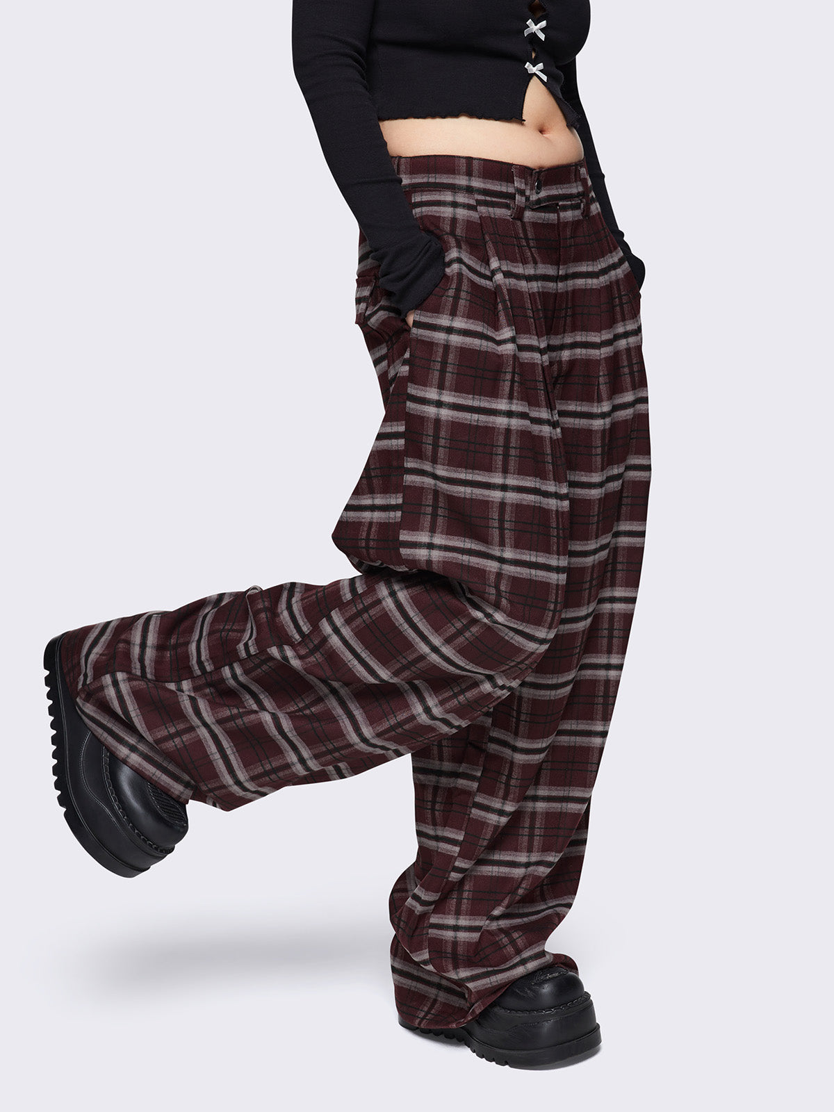 Baggy grandpa trousers in burgundy plaid check pattern