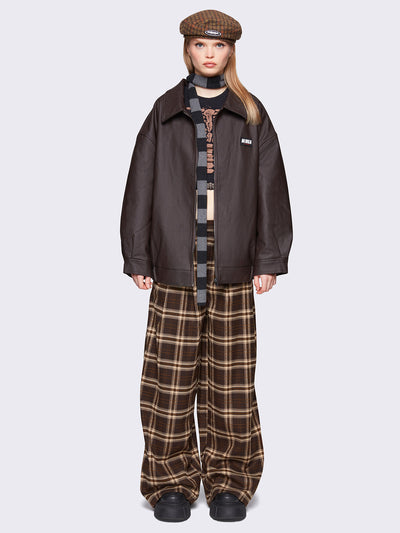 Baggy grandpa trousers in brown and beige plaid check pattern