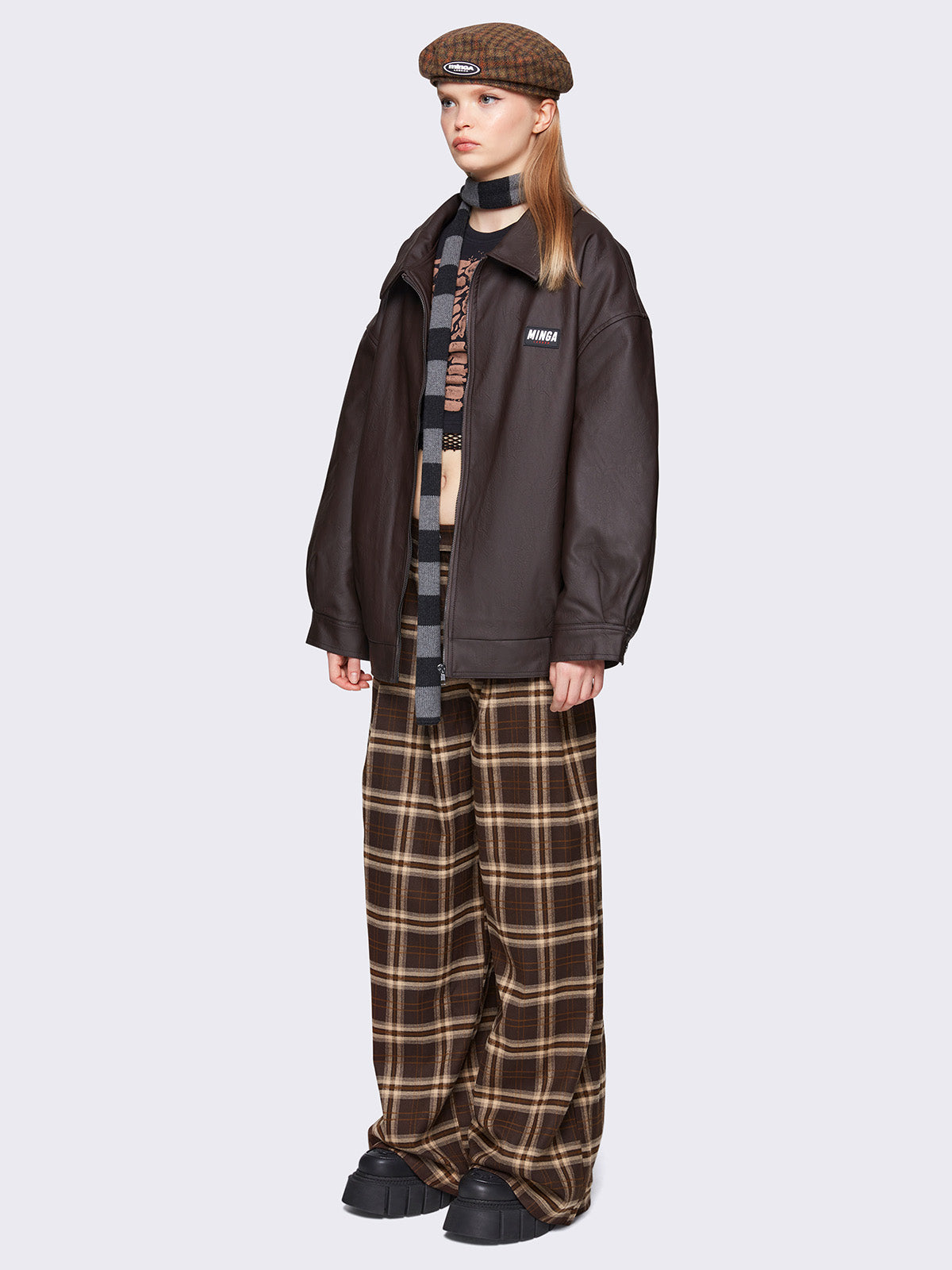 Baggy grandpa trousers in brown and beige plaid check pattern