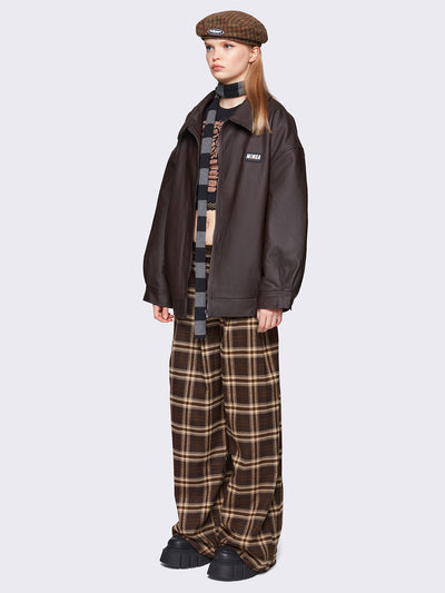 Baggy grandpa trousers in brown and beige plaid check pattern