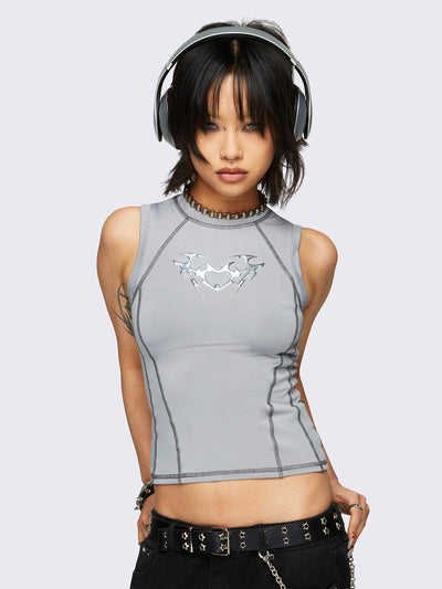 Tank top in grey with contrast stitching in black and a heart metal embossed front print - acubi style