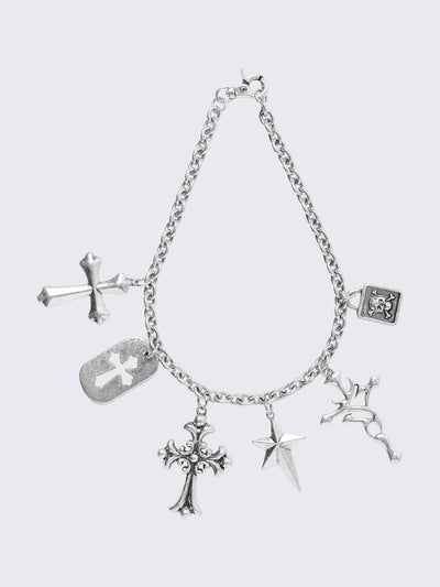 Silver chunky charm necklace with crosses pendants