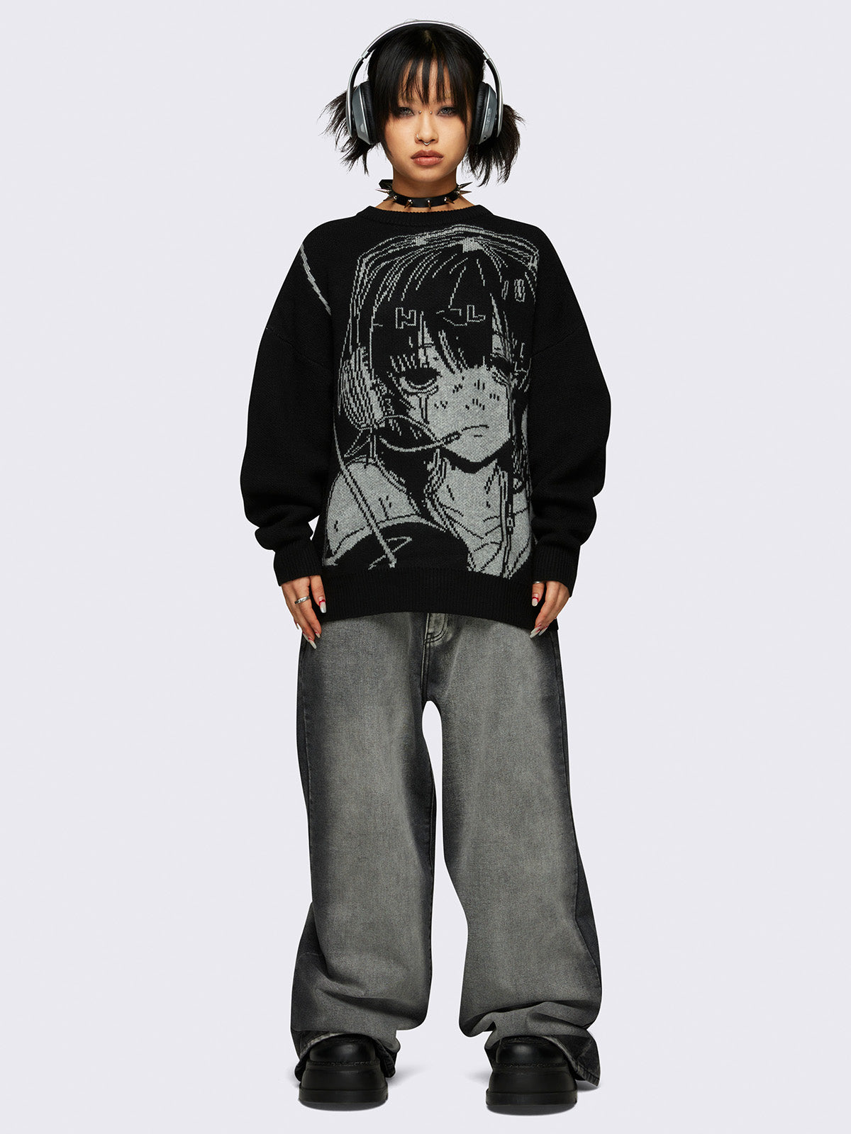 Knit jumper in black with anime girl front design