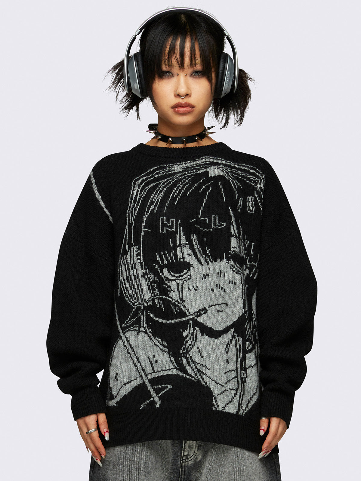 Knit jumper in black with anime girl front design