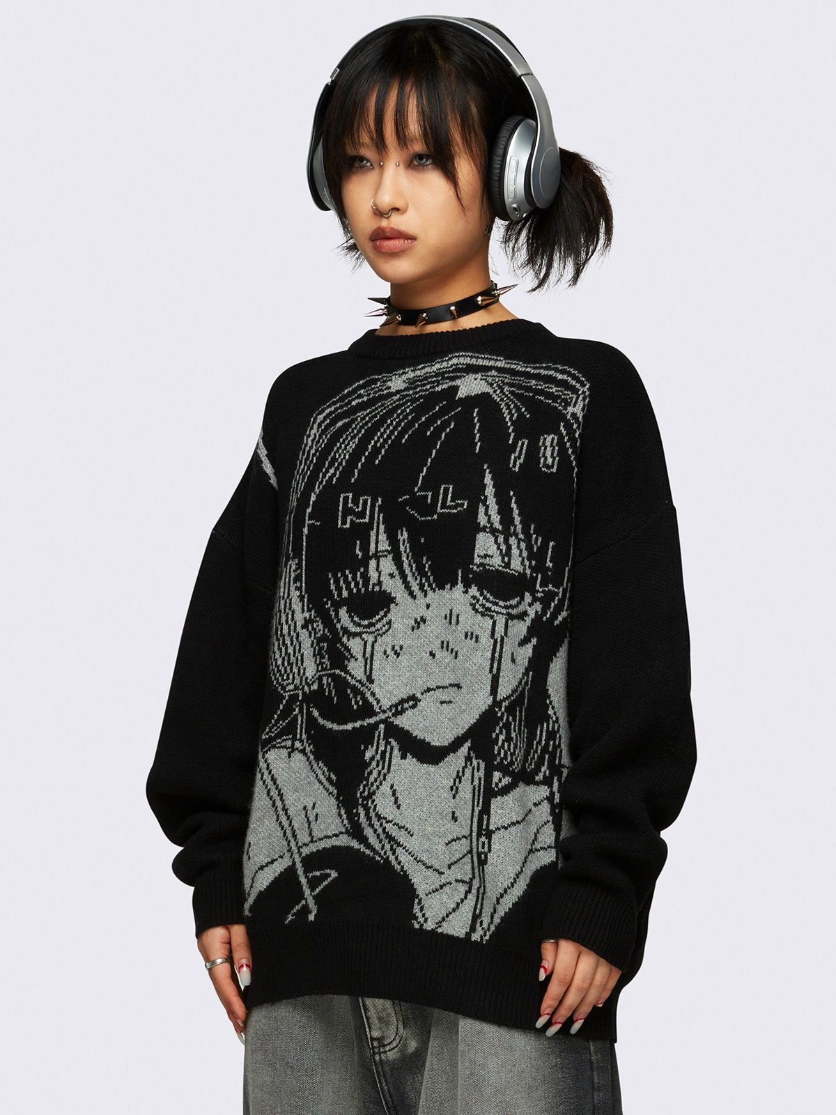 Knit jumper in black with anime girl front design