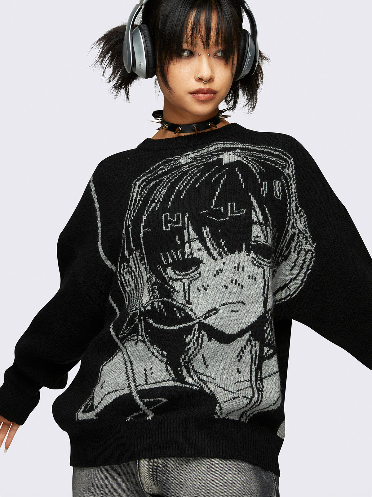 Knit jumper in black with anime girl front design