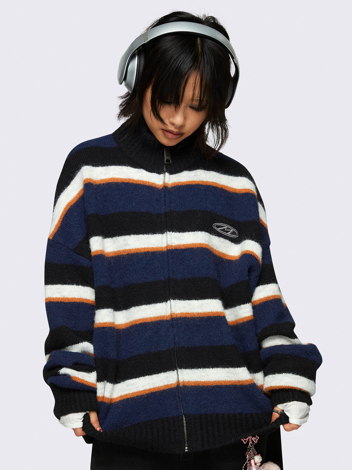 Oversized zip up knitted cardigan in blue, orange, black and white stripes