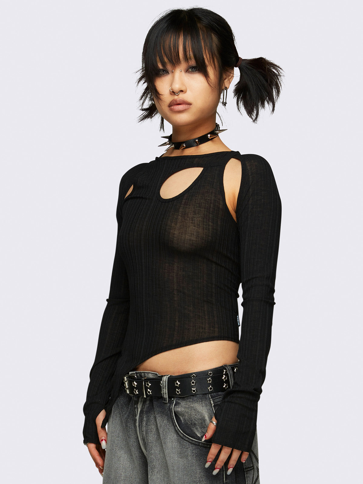 Asymmetric cut out top in black with thumbhole cuffs