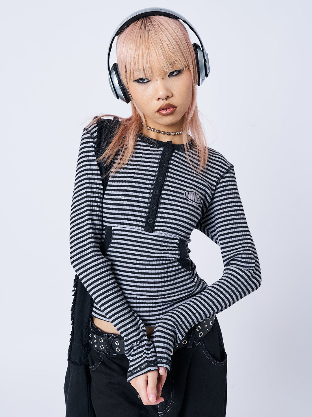 Grey Striped Long Sleeve Top with Half-Button Y2K | Minga London