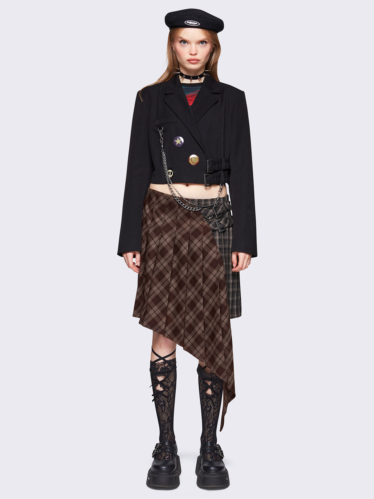 Pleated asymmetric midi skirt in patchwork plaid check pattern 