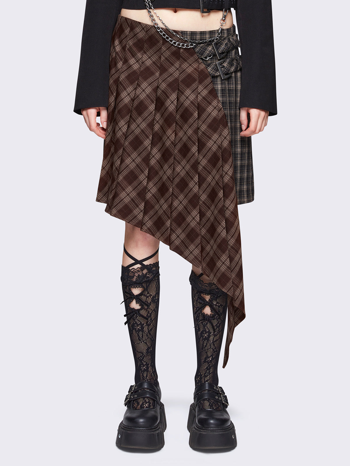 Pleated asymmetric midi skirt in patchwork plaid check pattern 