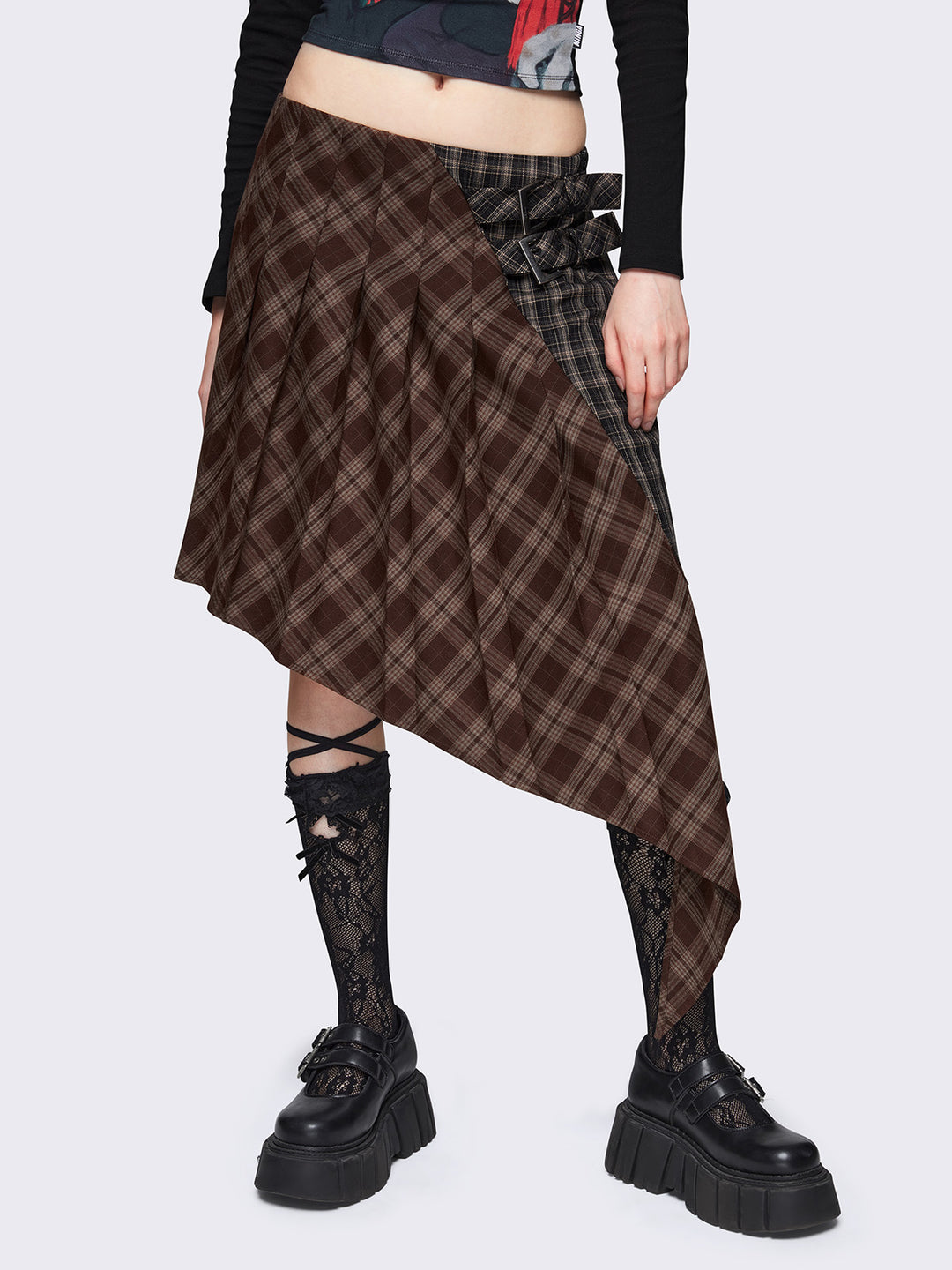 Plaid gothic asymmetric mini skirt and belt best sale