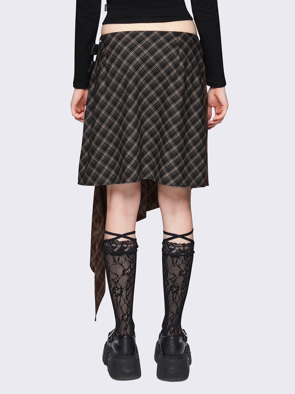 Pleated asymmetric midi skirt in patchwork plaid check pattern 