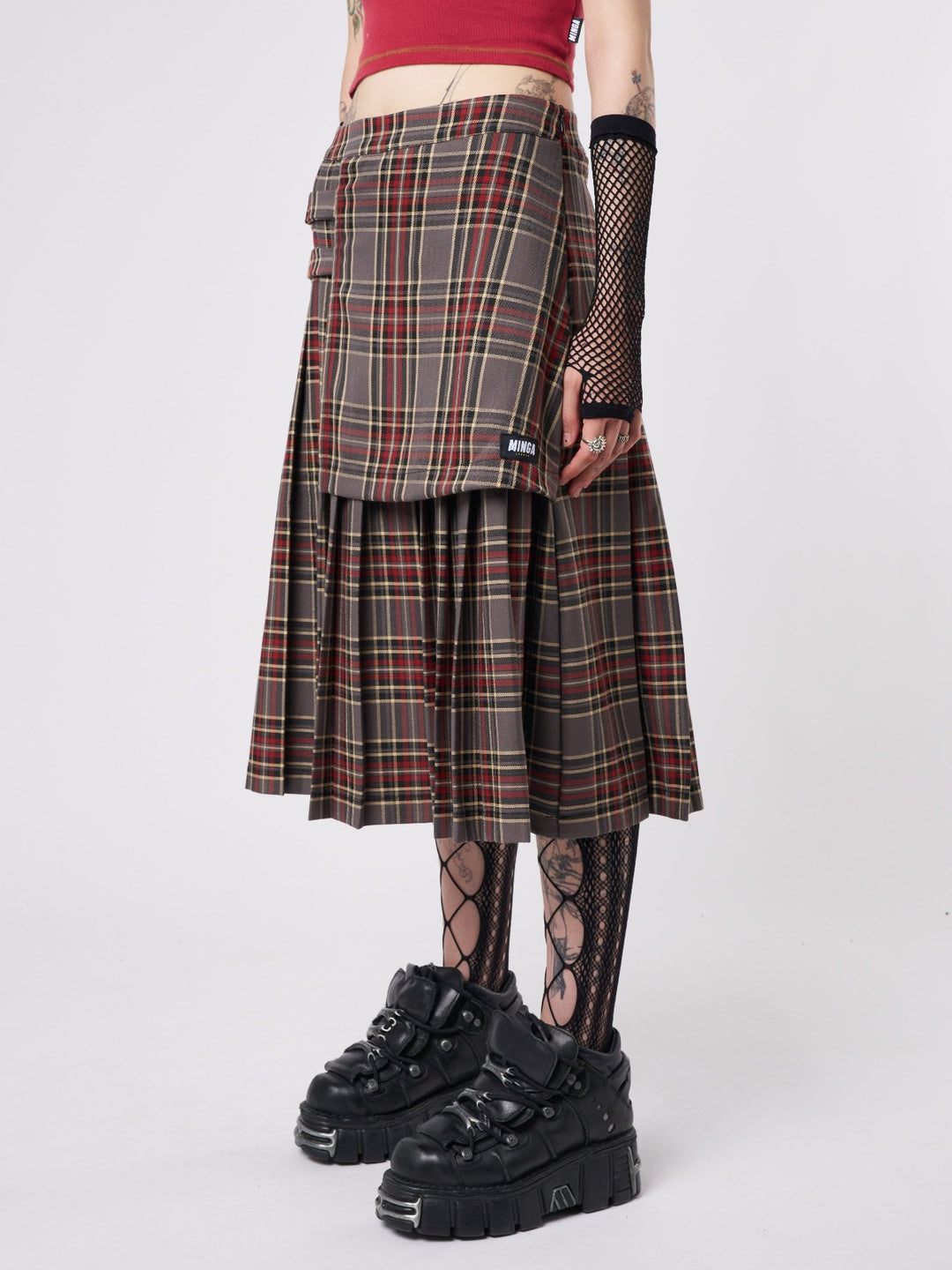 Red and Grey Pleated Tartan Midi Skirt with Wrap Front Y2K Grunge Minga London