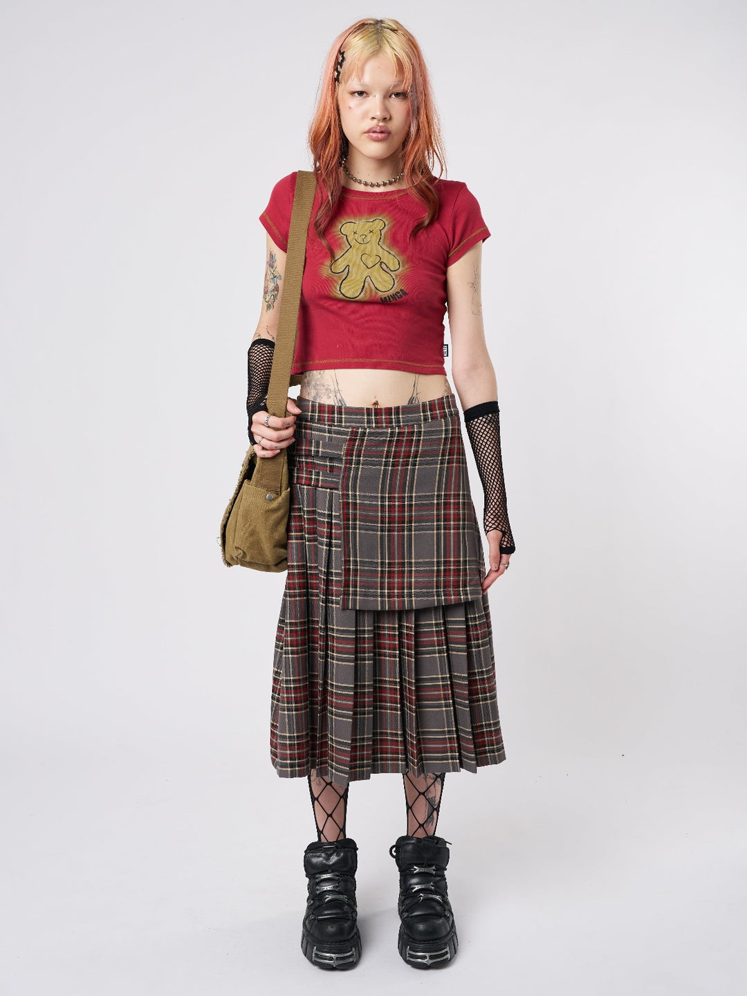 Red and Grey Pleated Tartan Midi Skirt with Wrap Front Y2K Grunge Minga London