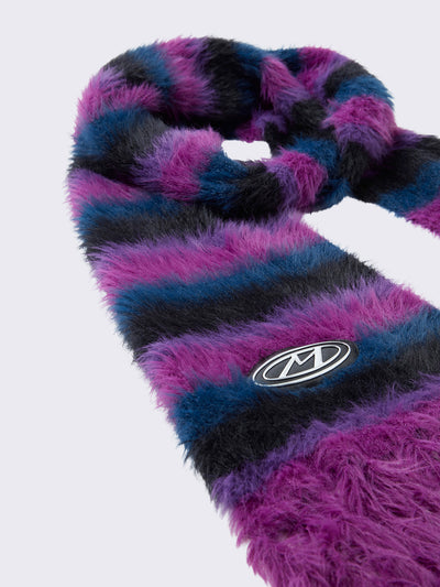 Striped tassel furry scarf in magenta, blue and black