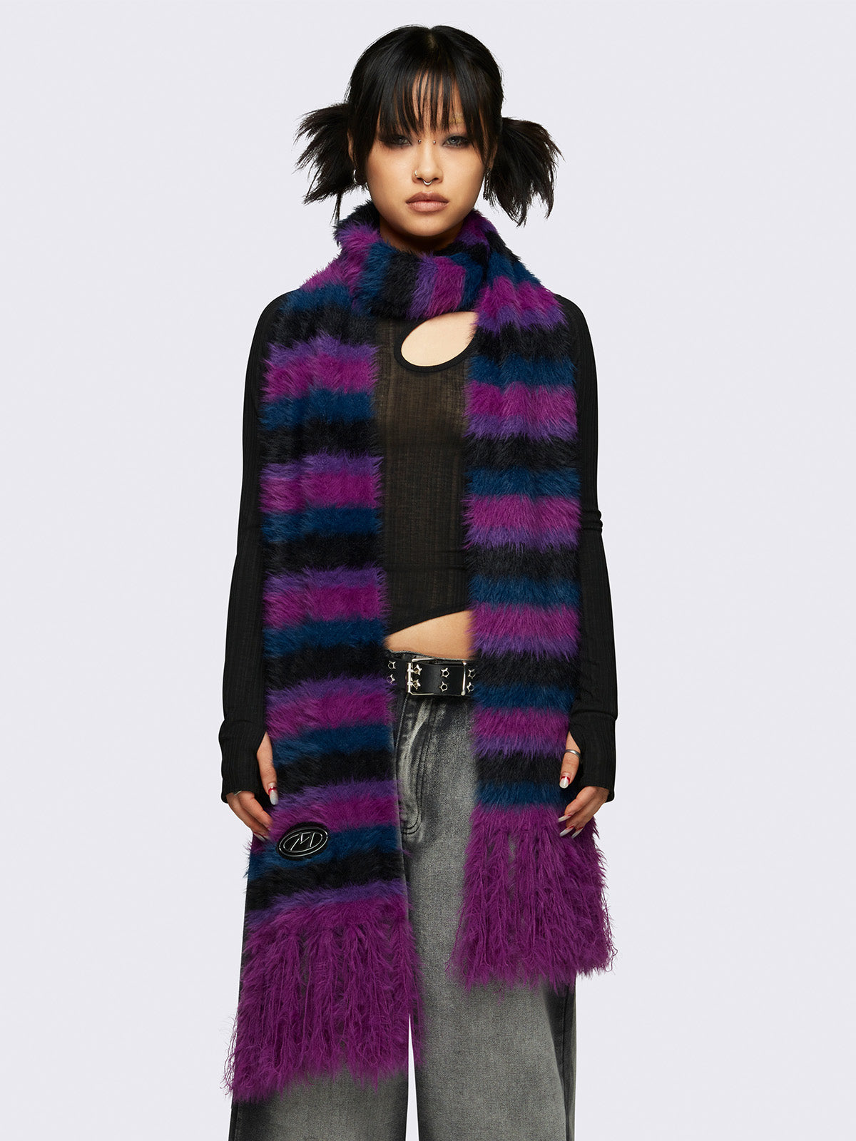 Striped tassel furry scarf in magenta, blue and black