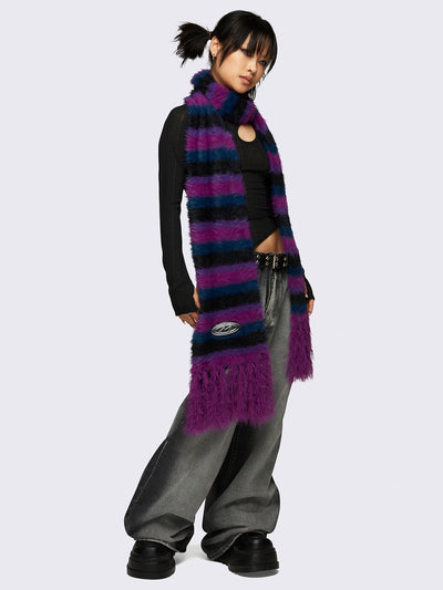 Striped tassel furry scarf in magenta, blue and black