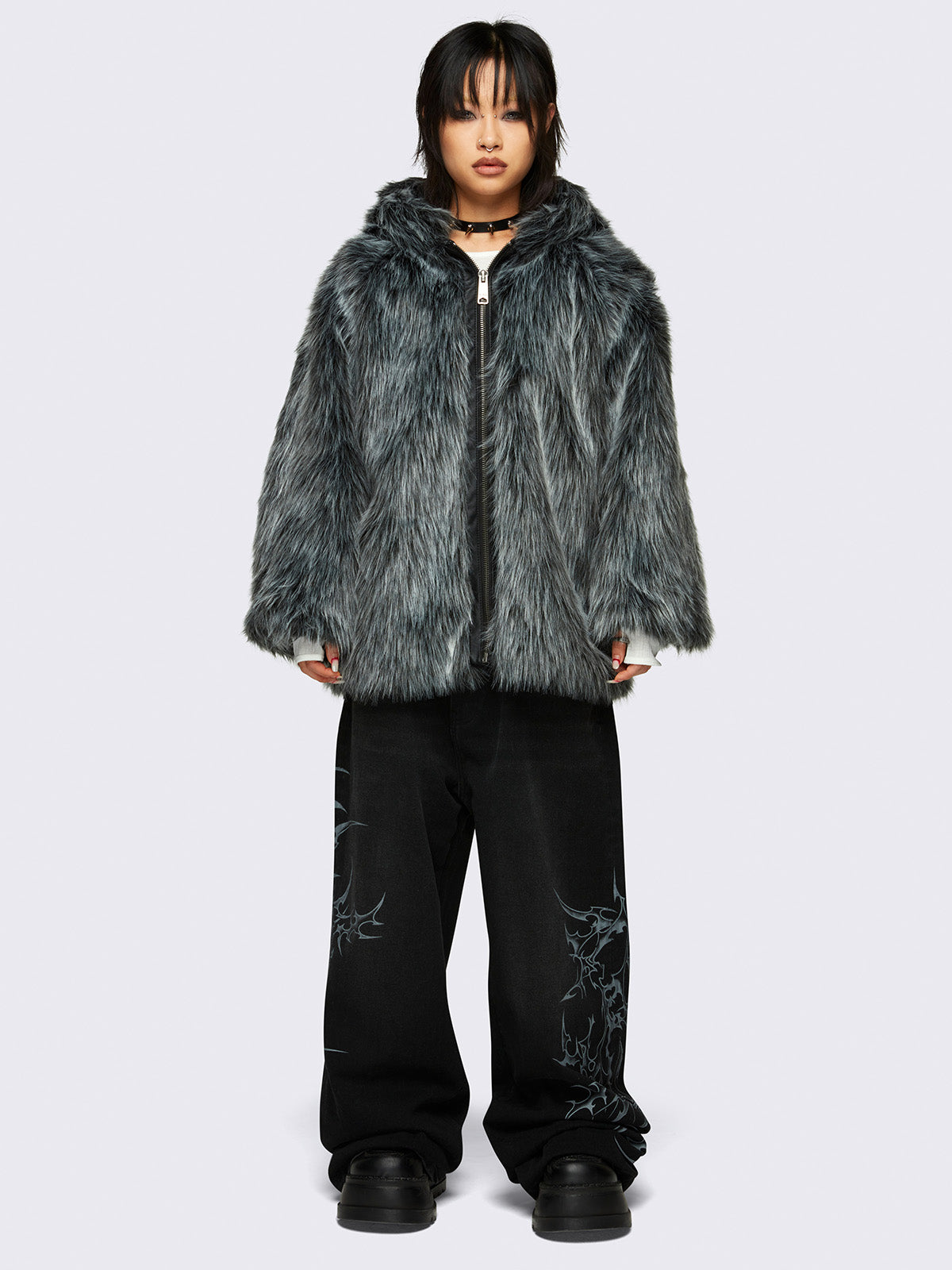 Faux frosted fur hoodie jacket in black and grey