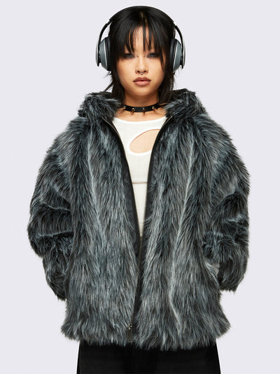 Faux frosted fur hoodie jacket in black and grey