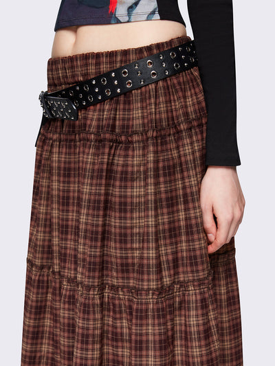 Plaid checkered ruffle maxi skirt in brown