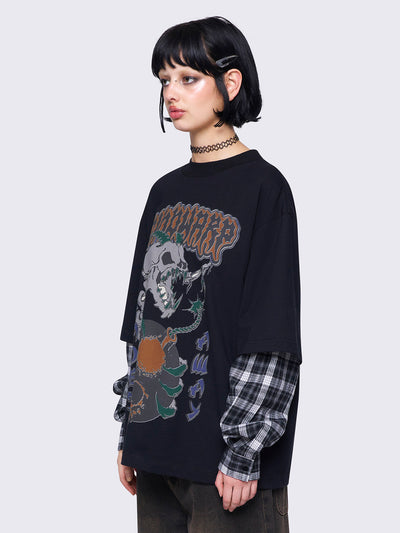 Black layered long sleeve t-shirt with contrast black and grey plaid sleeves, Mindwarp graphic front print, crew neck, and relaxed fit.