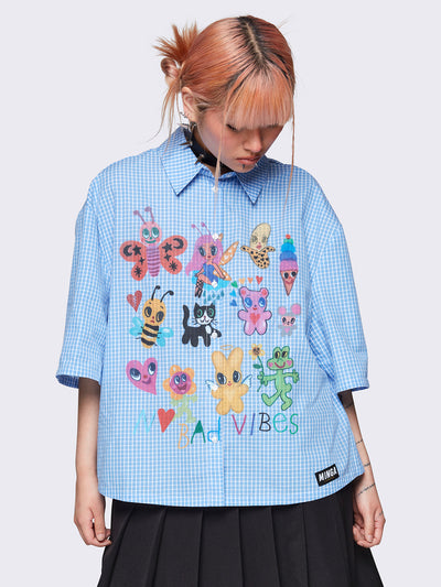 Bowling shirt in checkered blue with graphic front print