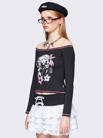 Black off-shoulder top with graphic front print by @jujumzz.art, contrast pink stitching, and long sleeves.